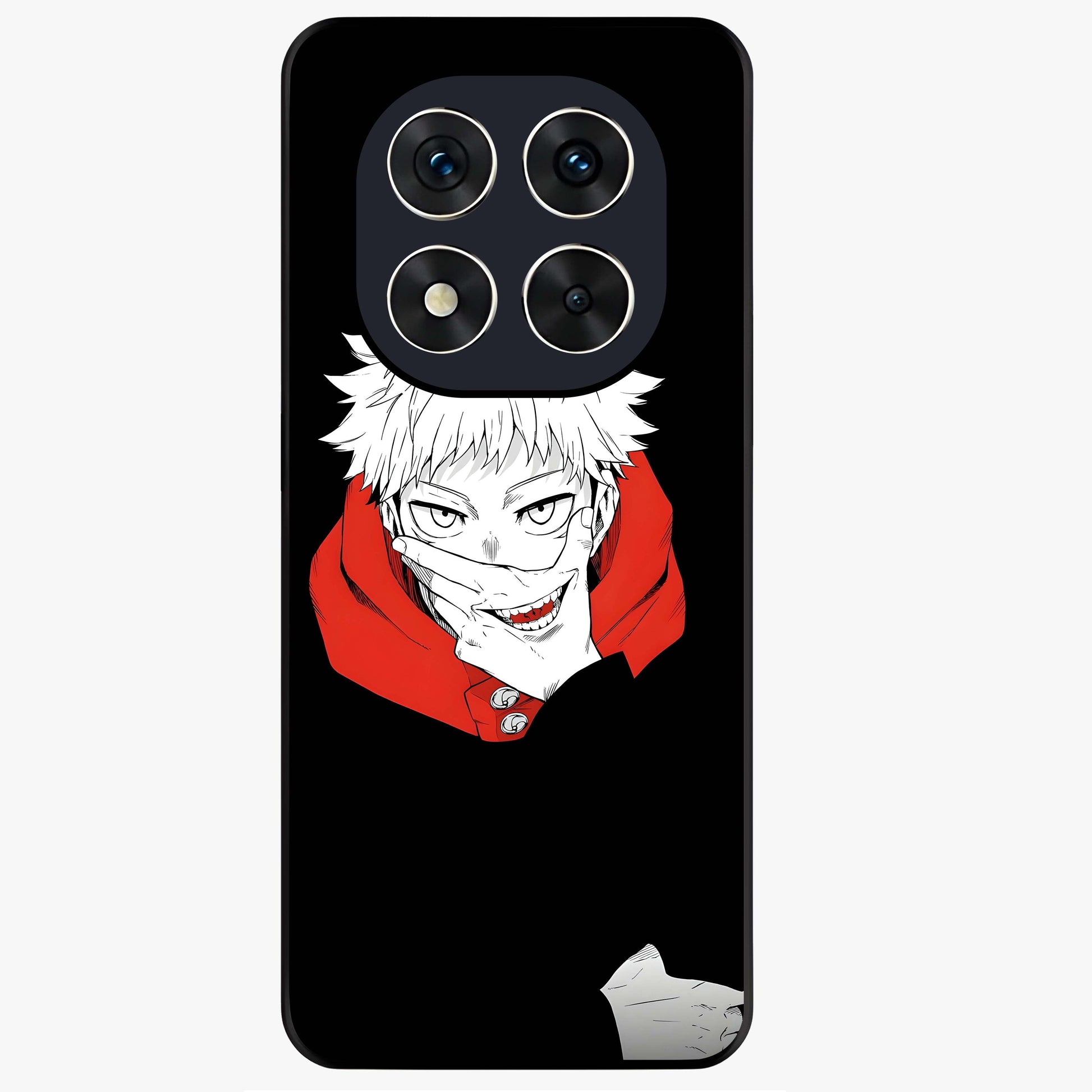 Crimson Chaos Smile Glass Case showing flat back view with bold chaotic smile artwork and glossy glass finish.