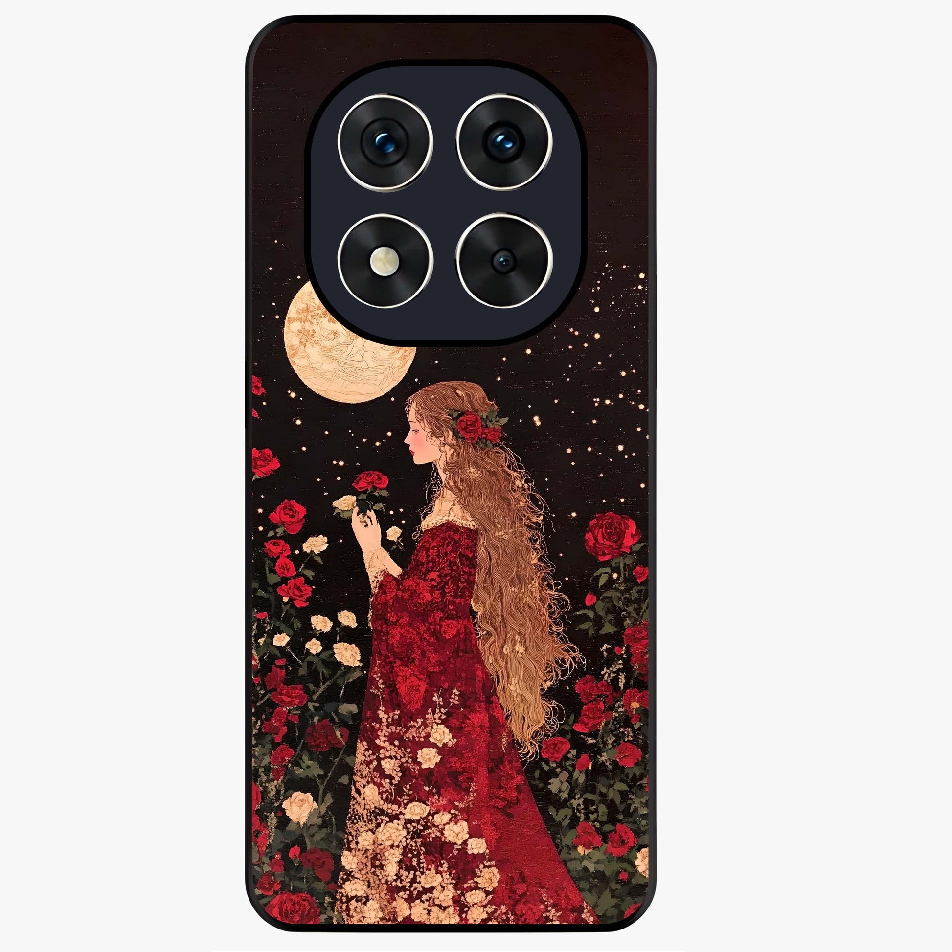 Crimson Dreams Glass Case showing flat back view with dreamy crimson artwork and glossy glass finish.