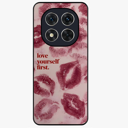 Crimson Kiss Love Glass Case showing flat back view with romantic crimson themed artwork and glossy glass finish.