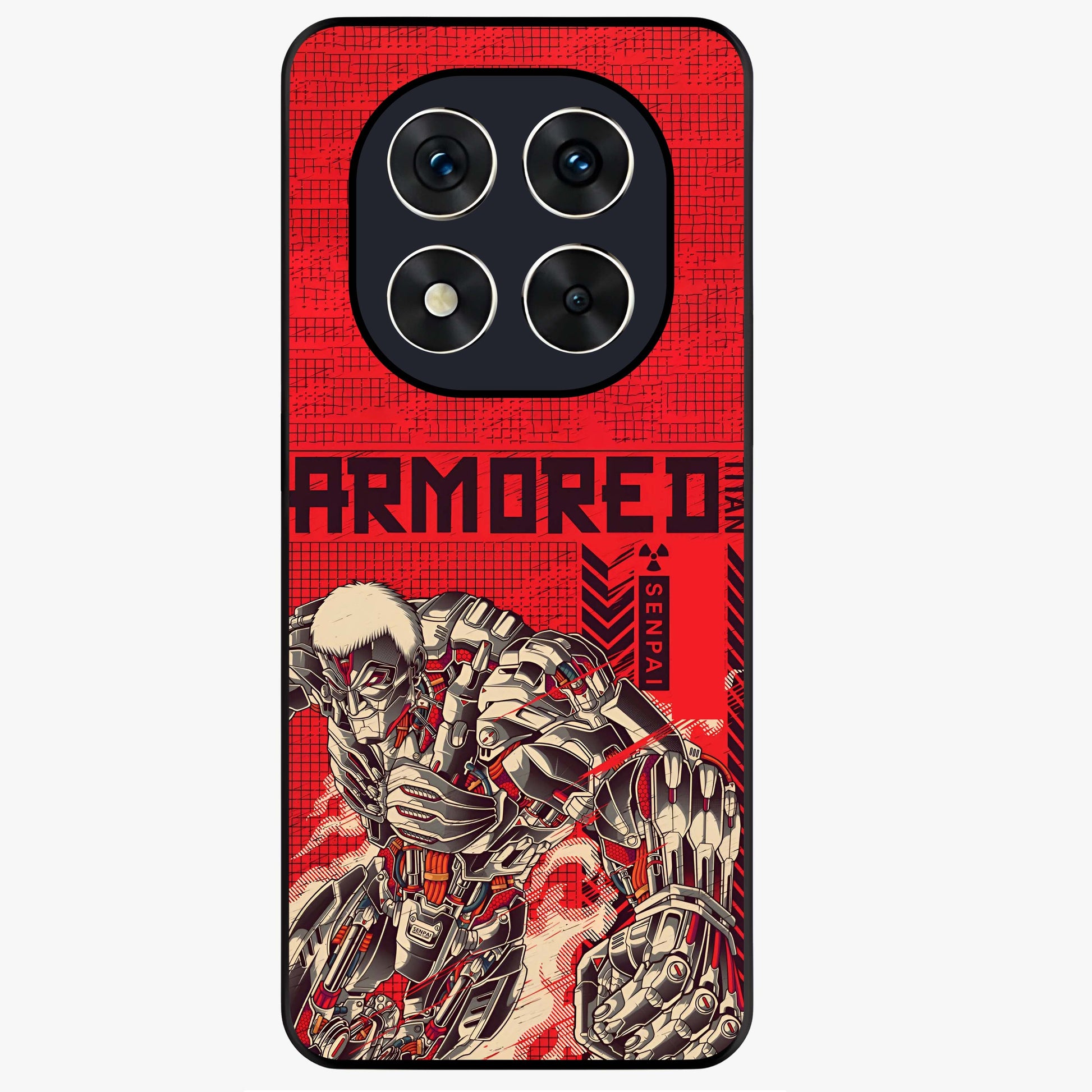 Crimson Mecha Titan Glass Case showing flat back view with powerful mech titan artwork and glossy glass finish.