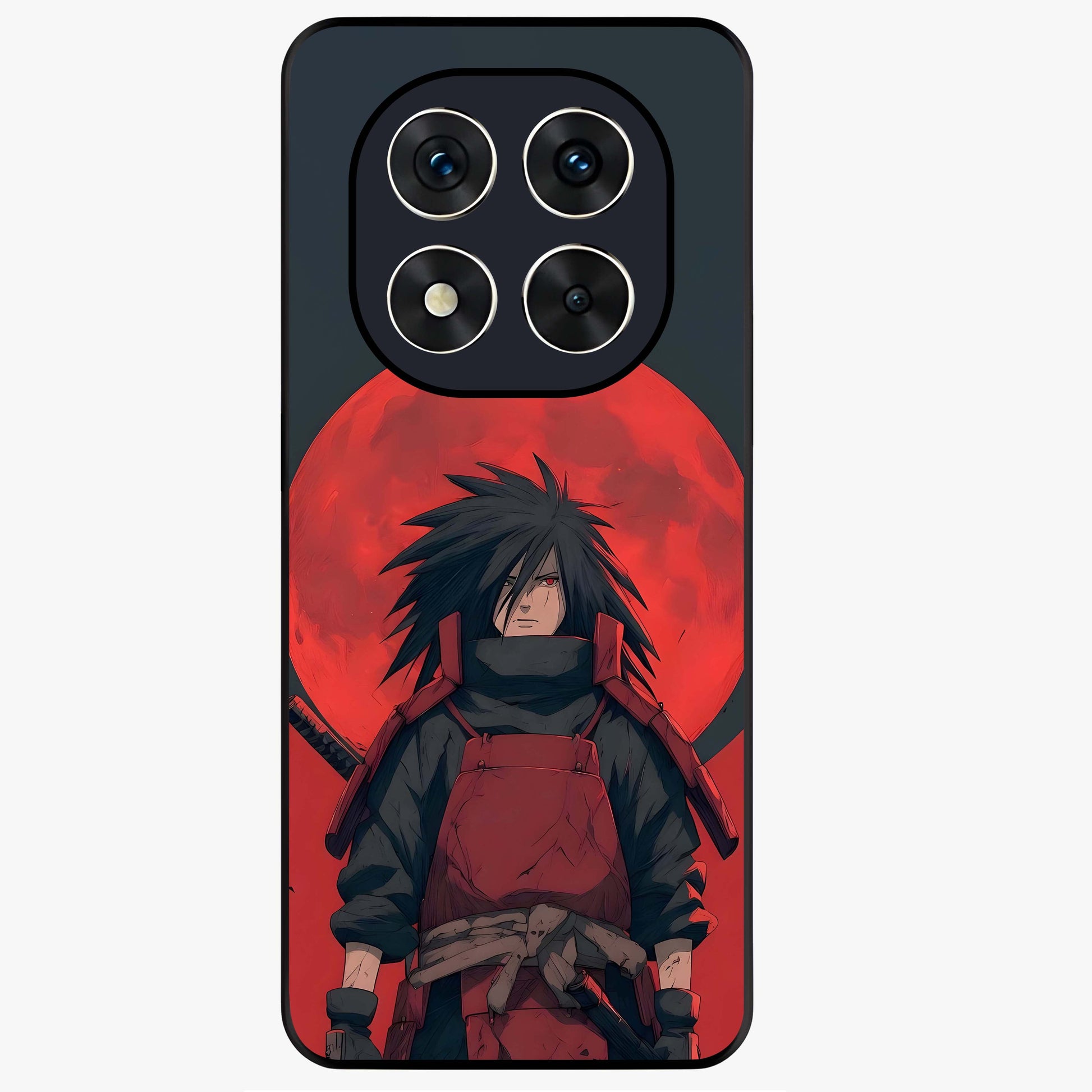 Crimson Moon Warlord Glass Case showing flat back view with mystical moon warrior artwork and glossy glass finish.