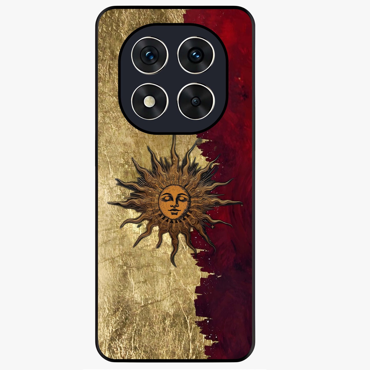 Crimson Sun Majesty Glass Case showing flat back view with radiant sun inspired artwork and glossy glass finish.
