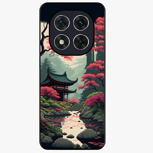 Crimson Temple View Glass Case showing flat back view with temple inspired artwork and glossy glass finish.