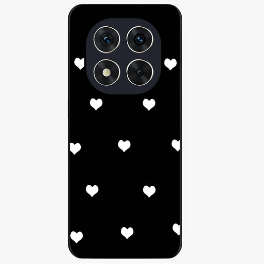 Cute And Simple White Hearts Glass Case showing flat back view with minimal white heart pattern and glossy glass finish.