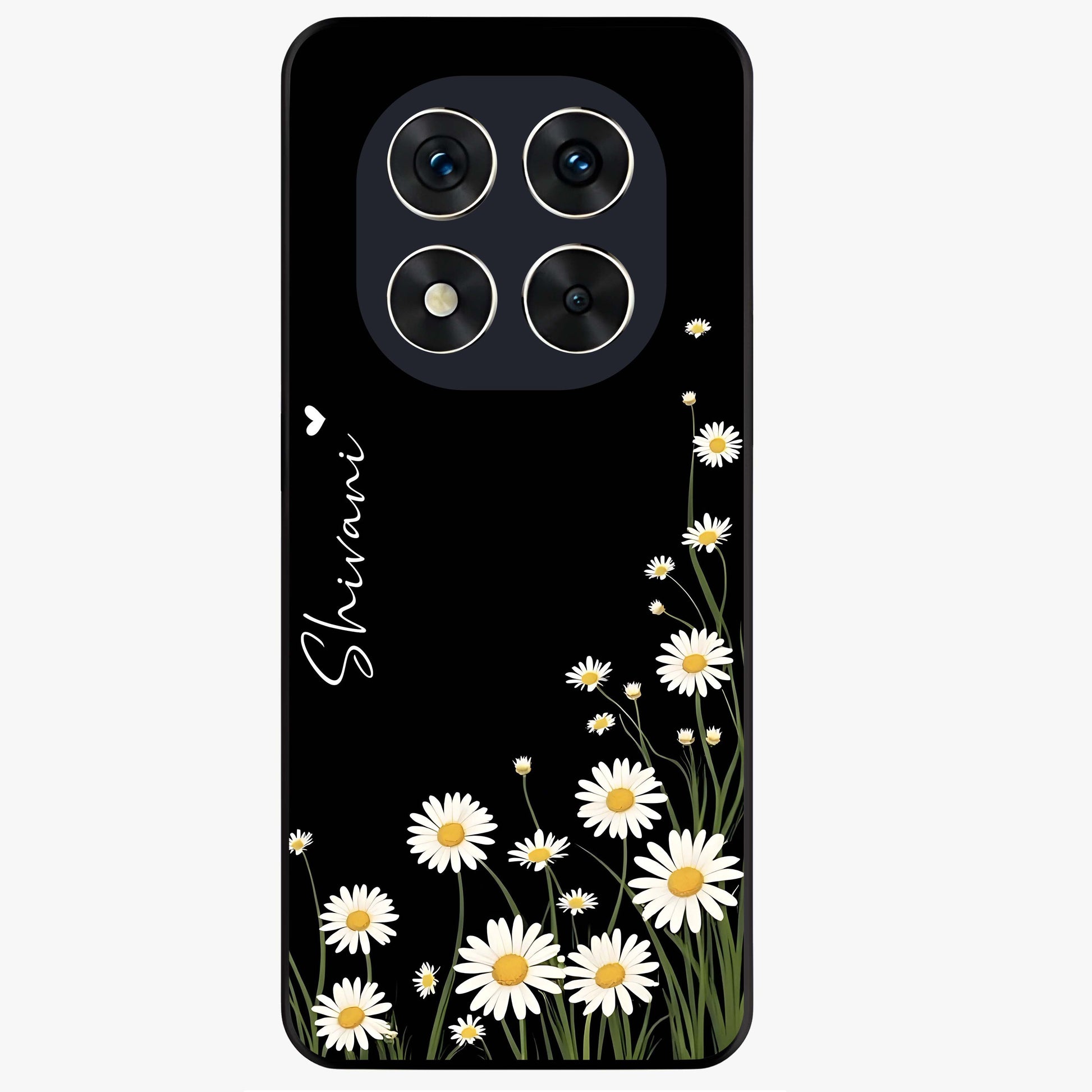 Daisy Cascade Custom Name Glass Case showing flat back view with cascading daisy flowers and personalized name design.