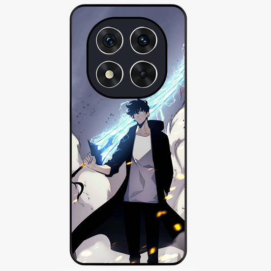 Dark Lightning Anime Warrior Glass Case showing flat back view with intense anime warrior artwork and glossy glass finish.