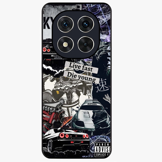 Die Young Glass Case showing flat back view with bold artistic typography design and glossy glass finish.