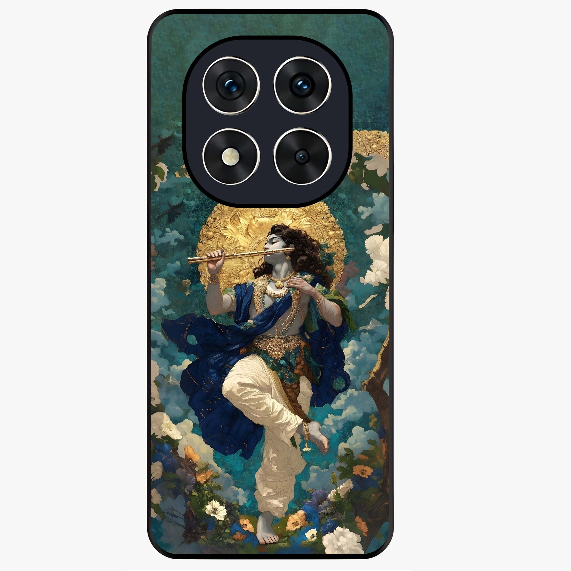 Divine Krishna Art Glass Case showing flat back view with Lord Krishna artwork and glossy glass finish.