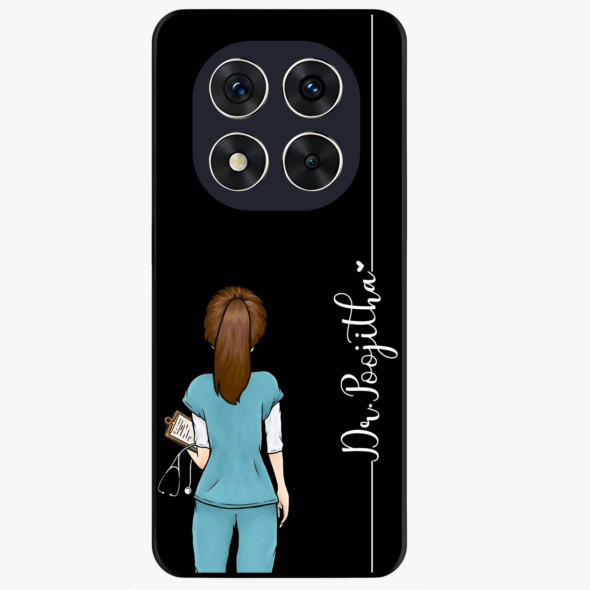 Doctor Pattern Custom Name Glass Case showing flat back view with medical themed pattern and personalized name design.