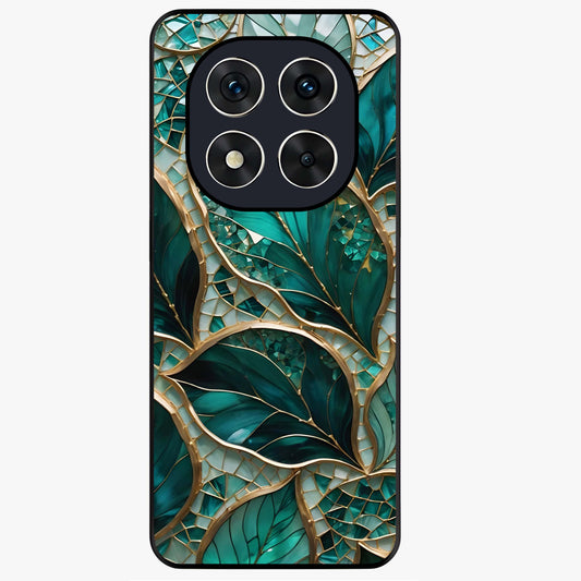 Emerald Leaf Glass Glass Case showing flat back view with emerald green leaf artwork and glossy glass finish.
