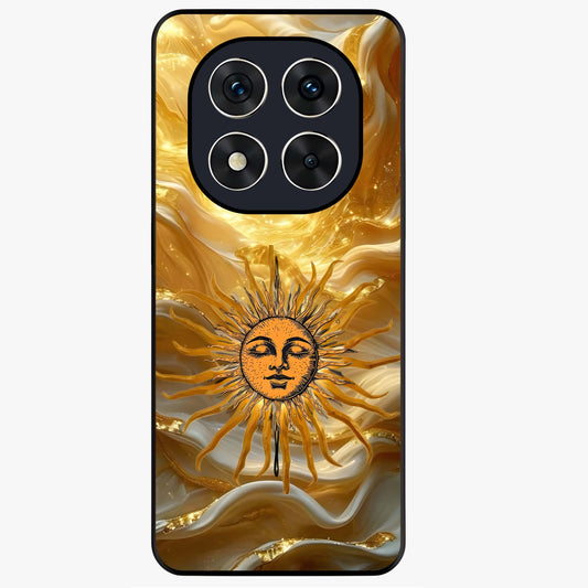 Eternal Golden Glow Glass Case showing flat back view with radiant golden themed artwork and glossy glass finish.