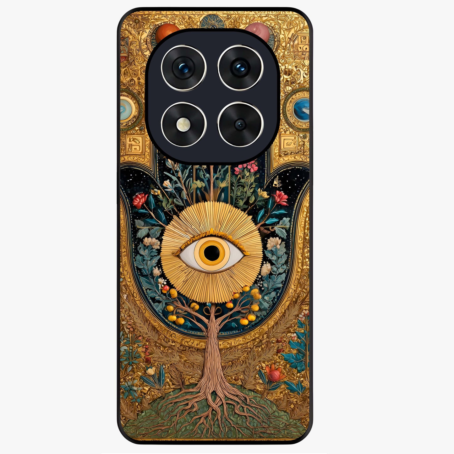 Ethereal Evil Eye Glass Case showing flat back view with mystical evil eye artwork and glossy glass finish.