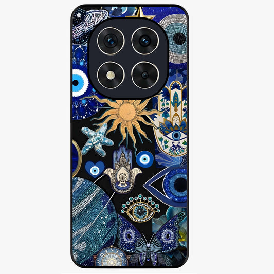 Evil Eye Charm Mix Glass Case showing flat back view with multiple evil eye charms artwork and glossy glass finish.