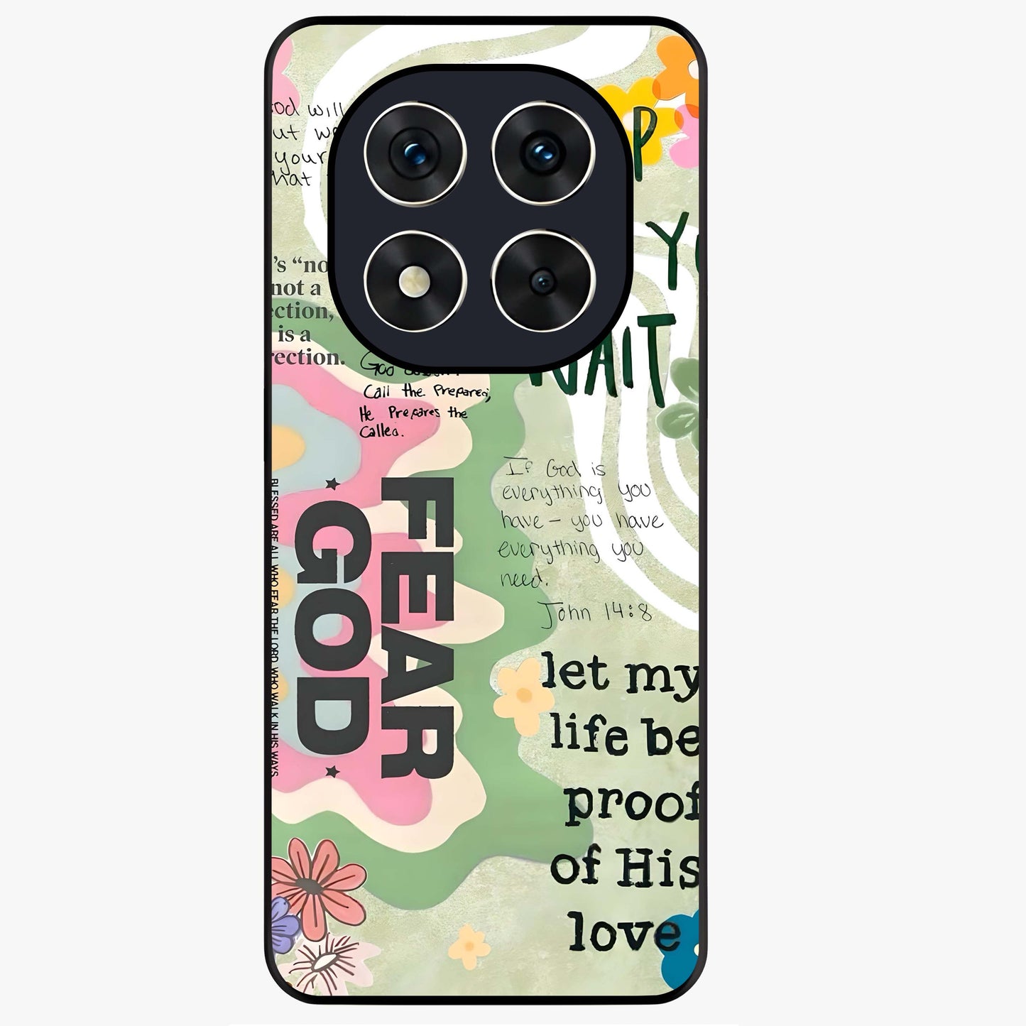 Faith Over Fear Glass Case showing flat back view with motivational typography artwork and glossy glass finish.