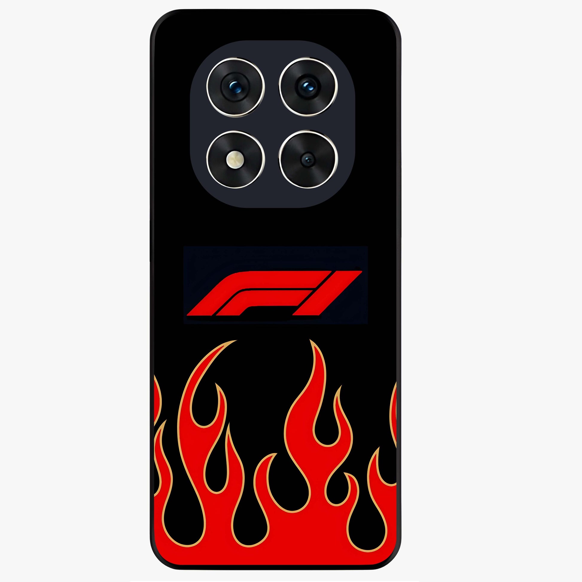 Fire F11 Glass Case showing flat back view with fiery themed artwork and glossy glass finish.