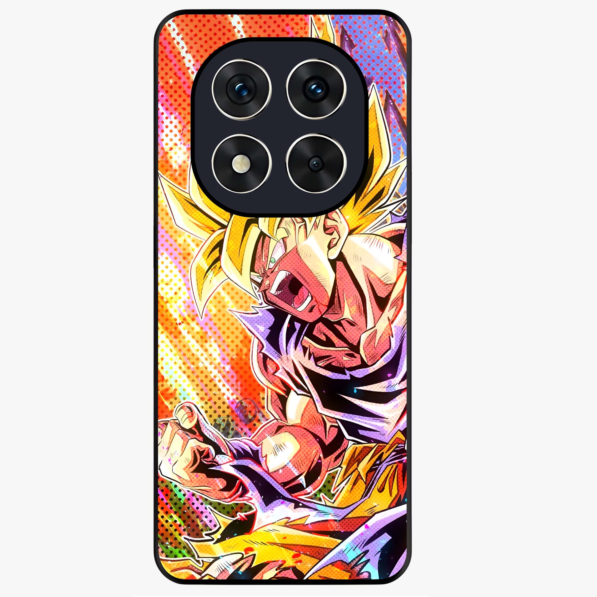 Firing Goku Glass Case showing flat back view with powerful anime inspired artwork and glossy glass finish.