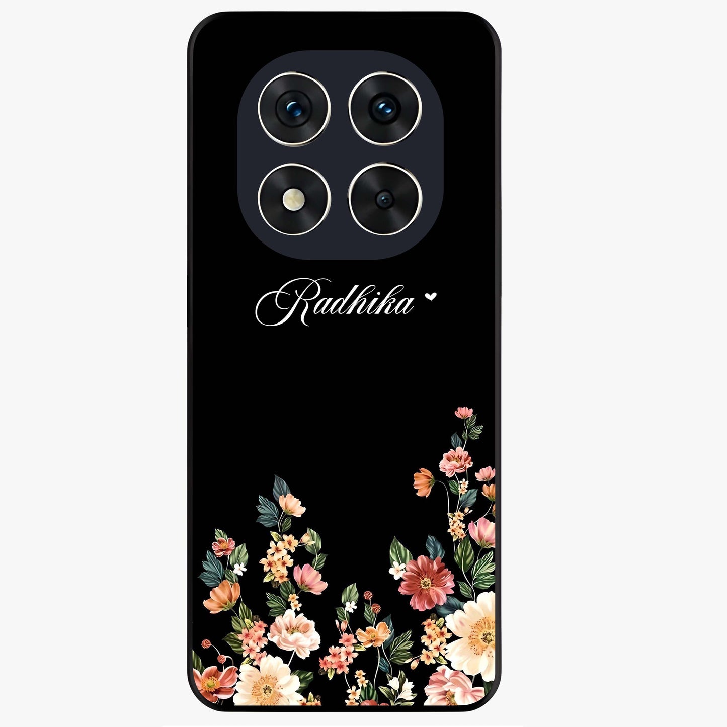 Floral Design With a Custom Personalized Name Glass Case showing flat back view with floral artwork and personalized name design.