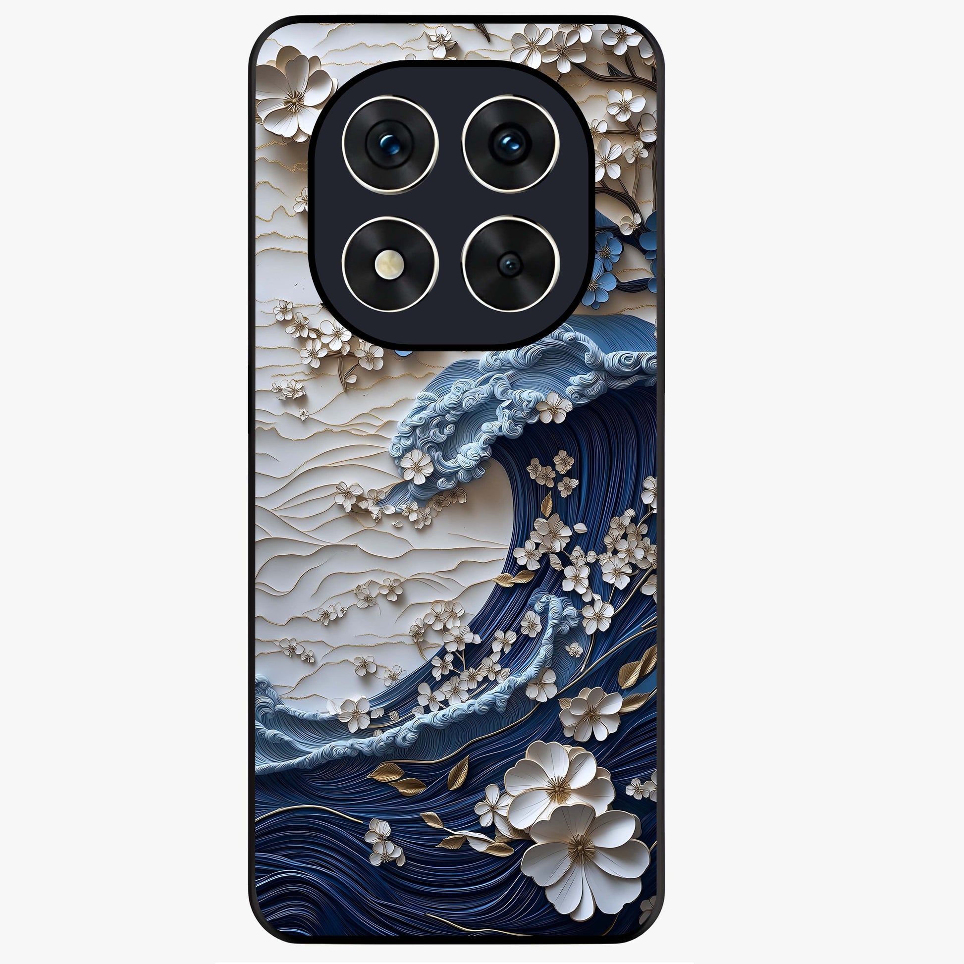 Floral Wave Origami Glass Case showing flat back view with origami inspired floral wave artwork and glossy glass finish.