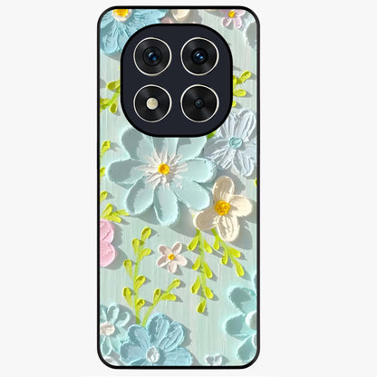 Frosted Petal Garden Glass Case showing flat back view with soft frosted floral artwork and glossy glass finish.