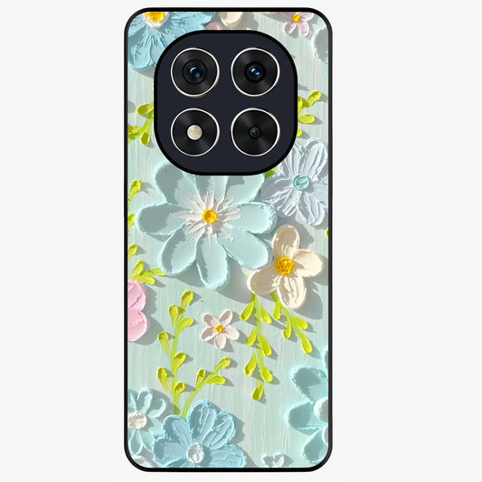 Frosted Petal Garden Glass Case showing flat back view with soft frosted floral artwork and glossy glass finish.