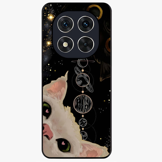 Galactic Cat Glass Case showing flat back view with cosmic cat artwork and glossy glass finish.
