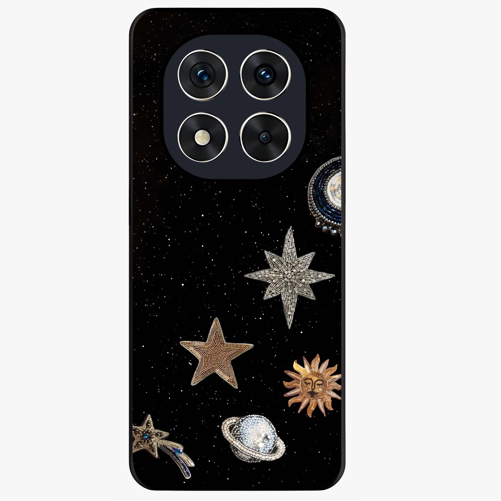 Galactic Charm Glow Glass Case showing flat back view with glowing celestial charm artwork and glossy glass finish.