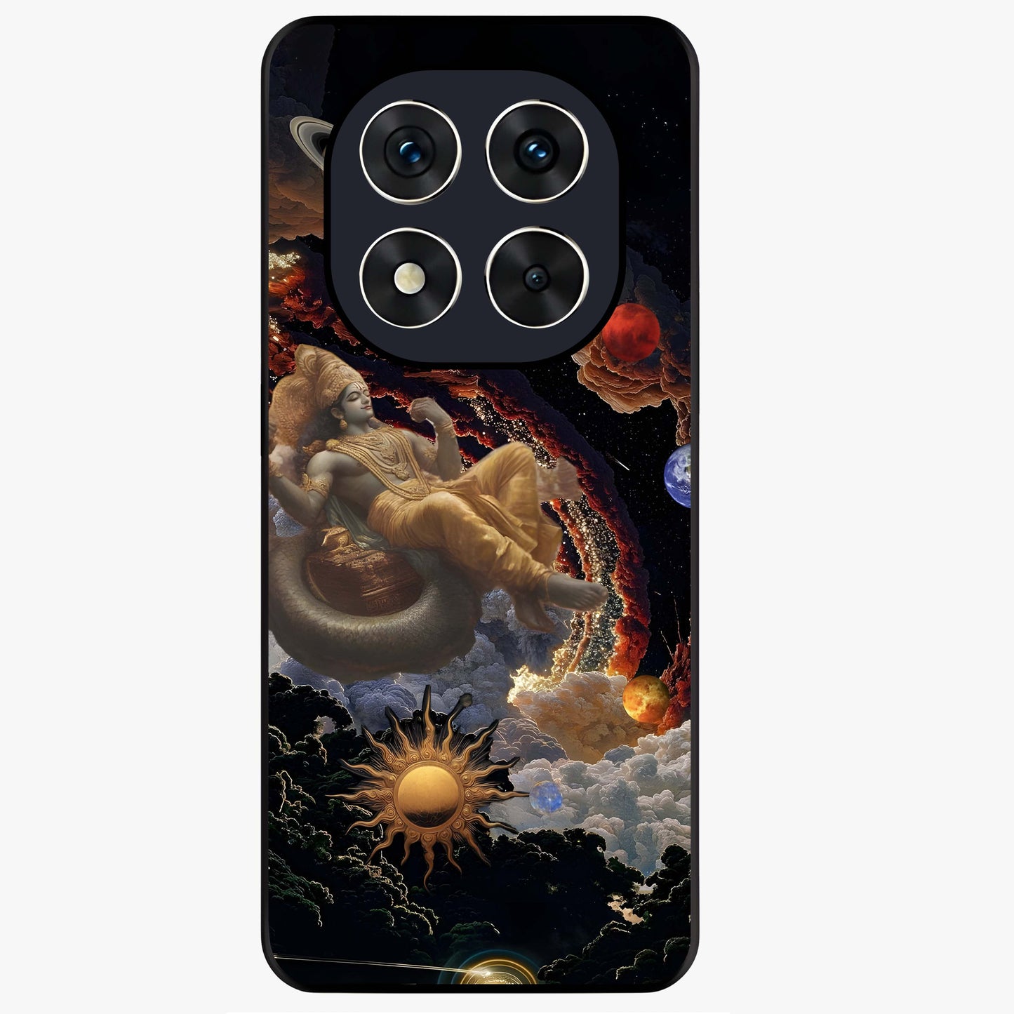 Galactic Divine God Glass Case showing flat back view with divine cosmic themed artwork and glossy glass finish.