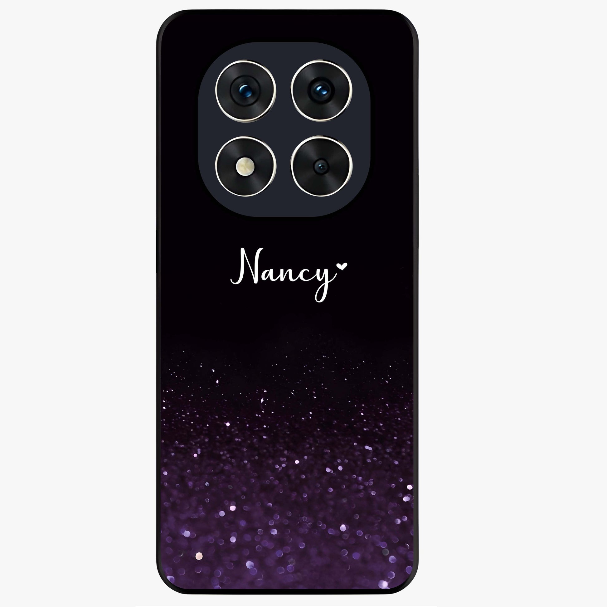 Glittery Purple Bokeh Custom Name Glass Case showing flat back view with purple bokeh sparkle artwork and personalized name design.
