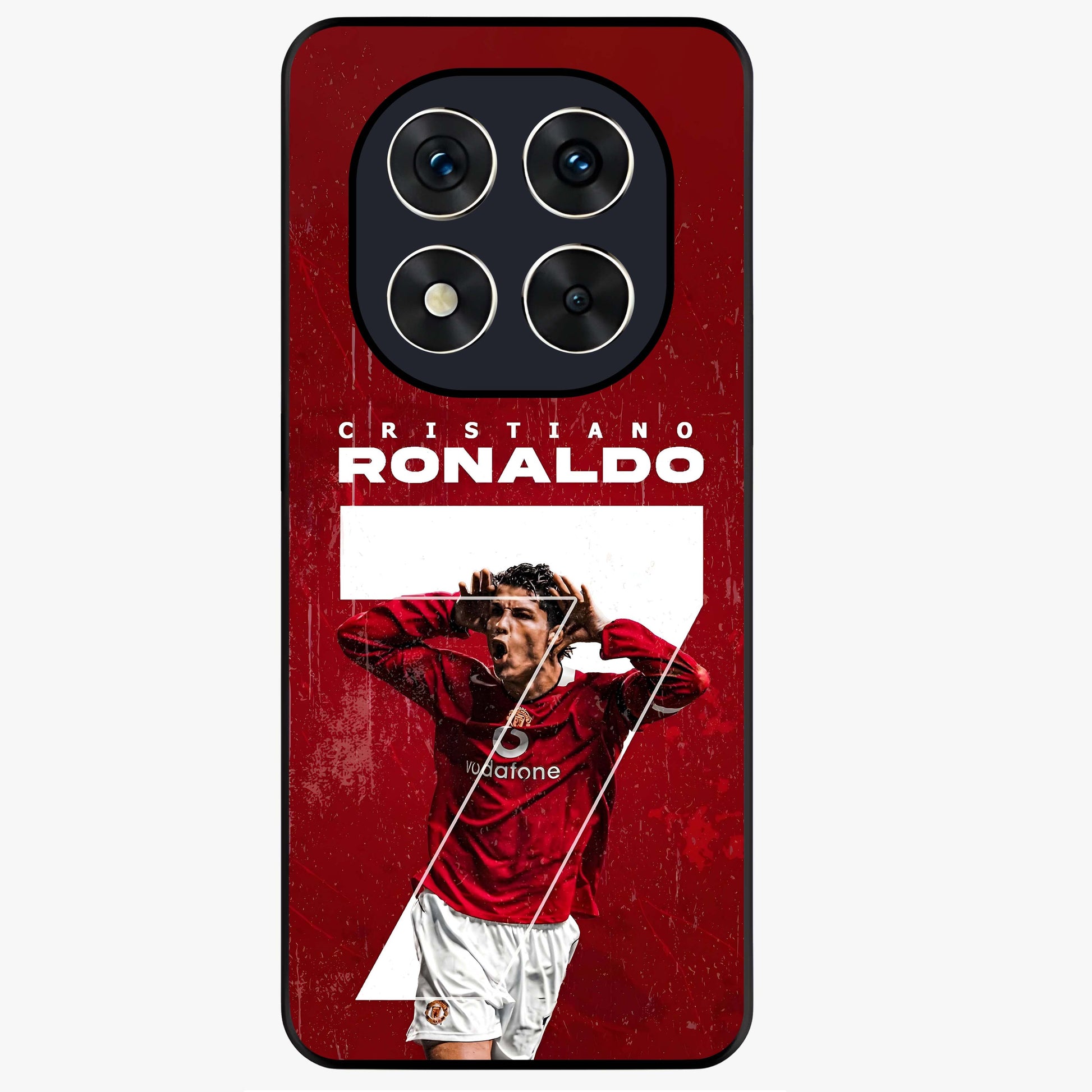 Goal Celebration Legacy Glass Case showing flat back view with football celebration inspired artwork and glossy glass finish.