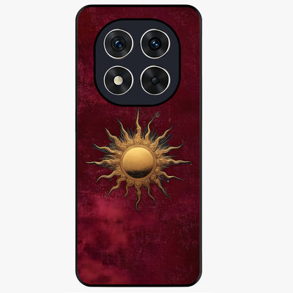 Gold Sun Blush Glass Case showing flat back view with golden sun inspired artwork and glossy glass finish.