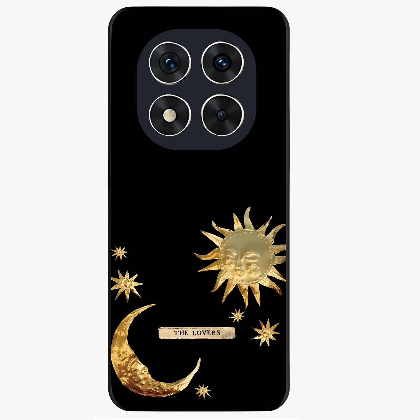 Golden Celestial Charm Glass Case showing flat back view with golden celestial charm artwork and glossy glass finish.