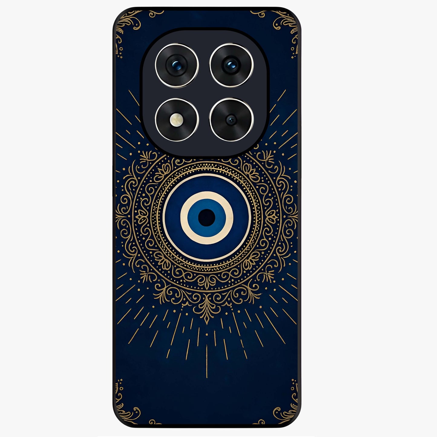 Golden Evil Eye Mandala Glass Case showing flat back view with intricate evil eye mandala artwork and glossy glass finish.