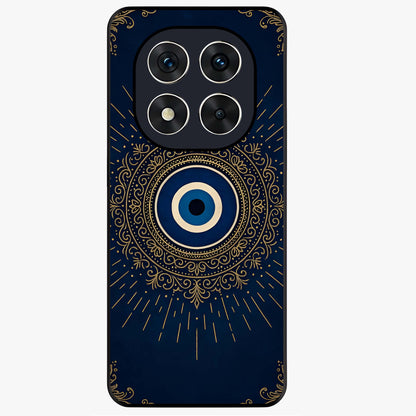 Golden Evil Eye Mandala Glass Case showing flat back view with intricate evil eye mandala artwork and glossy glass finish.