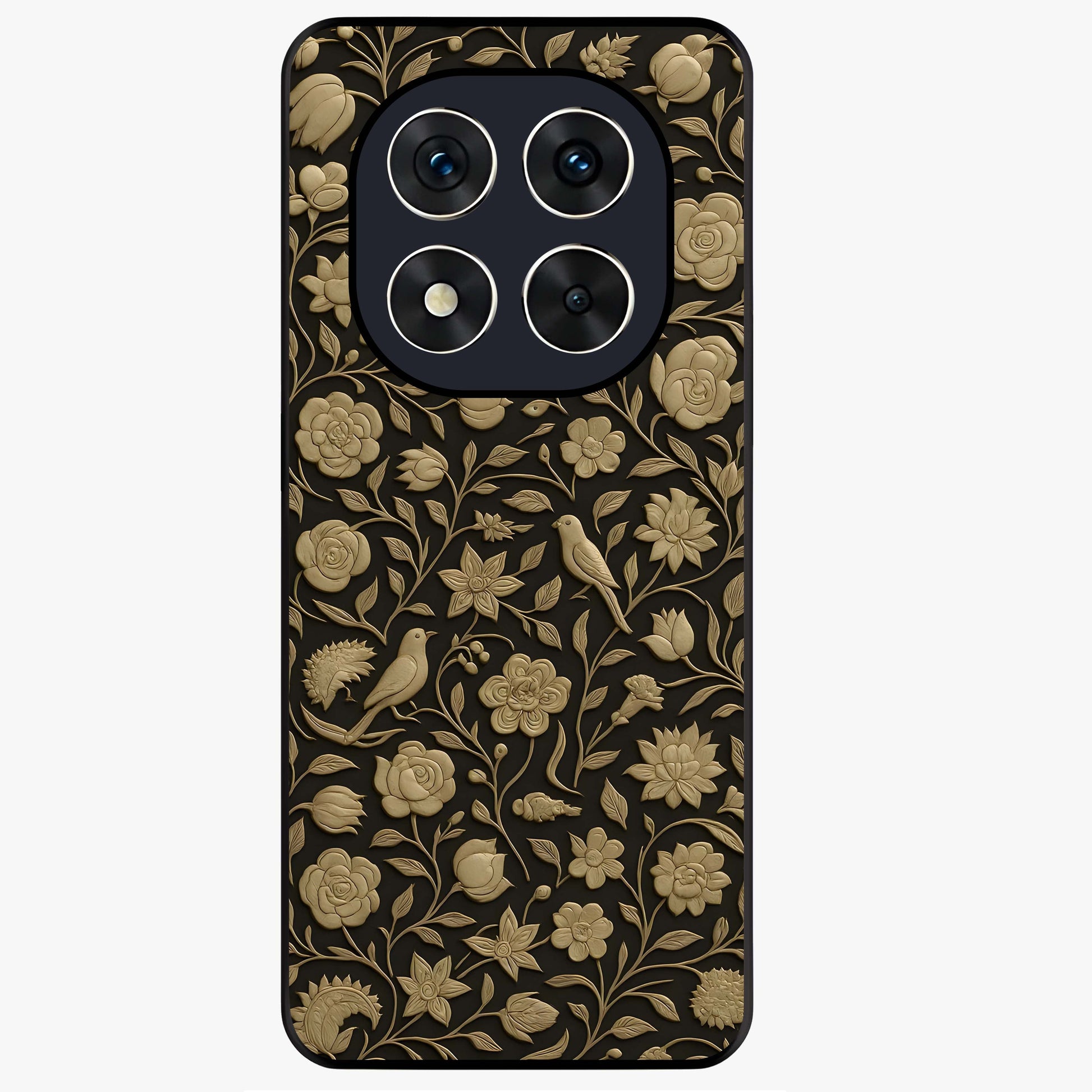 Golden Floral Majesty Glass Case showing flat back view with luxurious golden floral artwork and glossy glass finish.