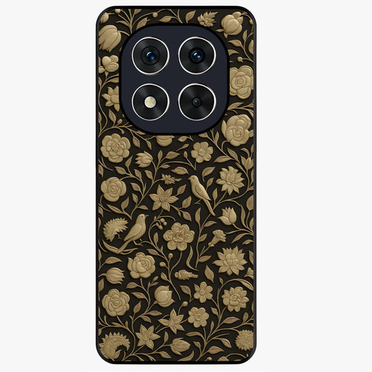 Golden Floral Majesty Glass Case showing flat back view with luxurious golden floral artwork and glossy glass finish.
