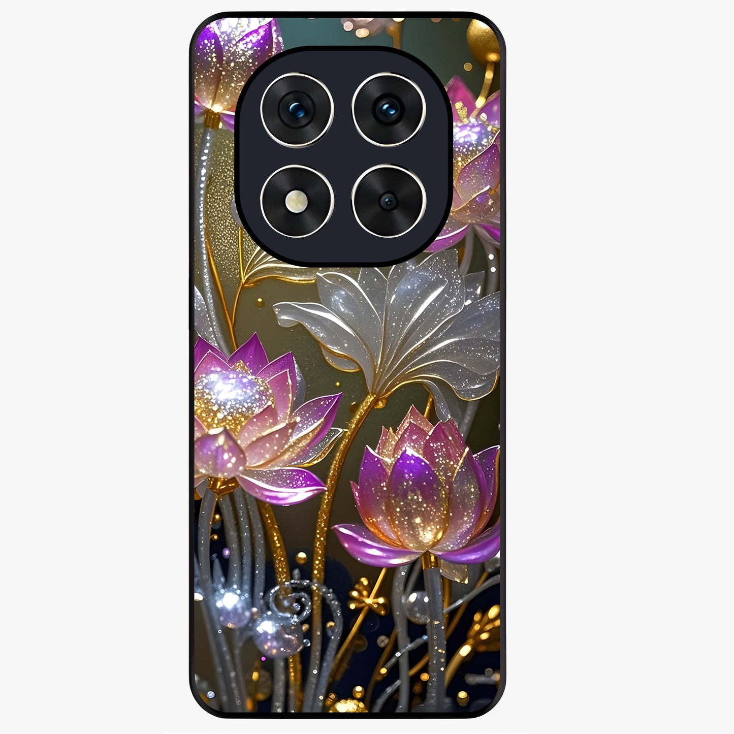 Golden Lotus Glow Glass Case showing flat back view with glowing lotus flower artwork and glossy glass finish.