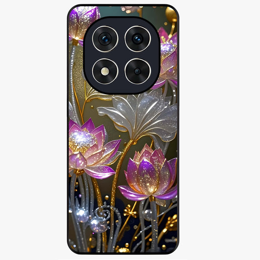 Golden Lotus Glow Glass Case showing flat back view with glowing lotus flower artwork and glossy glass finish.