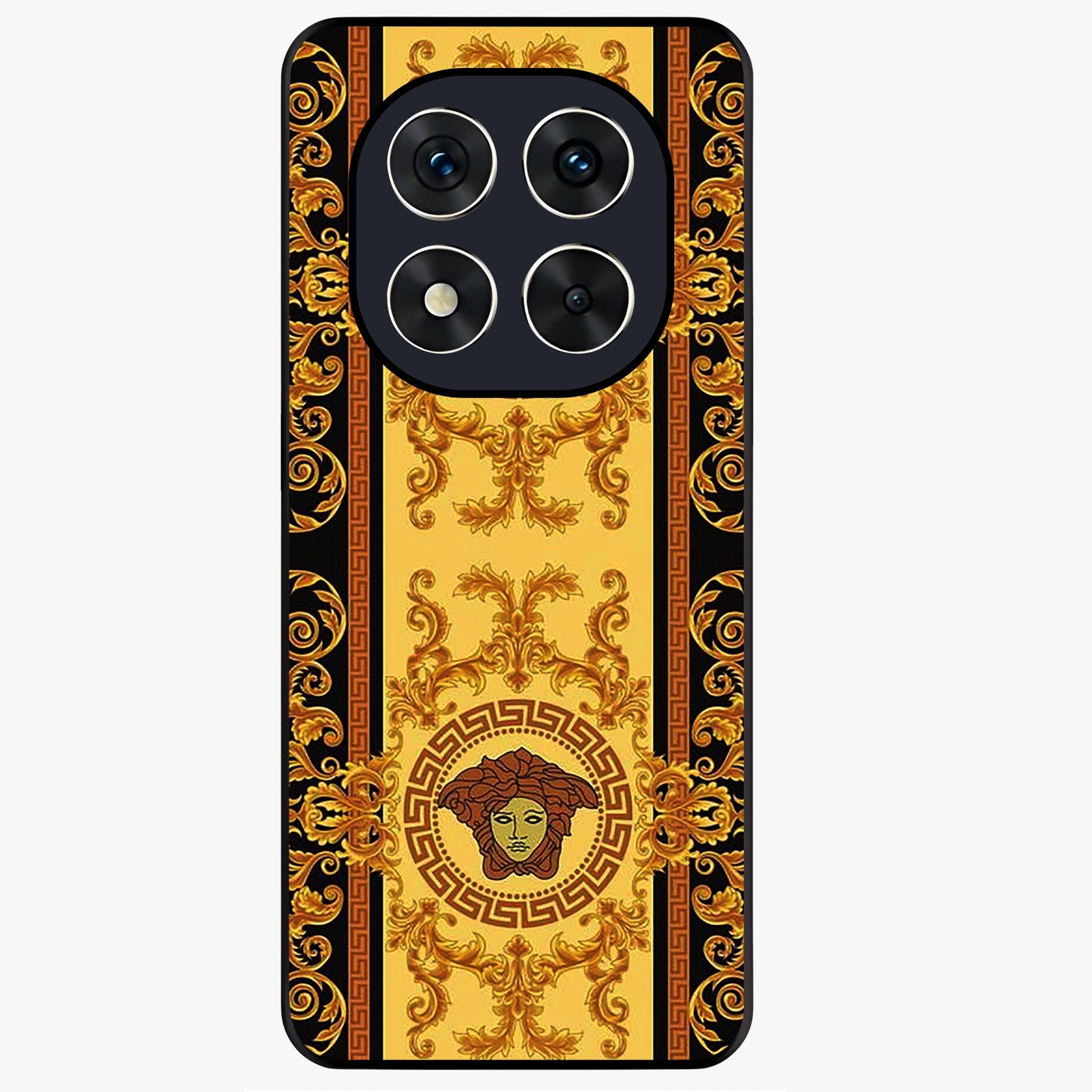 Golden Royal Heritage Glass Case showing flat back view with ornate royal pattern artwork and glossy glass finish.