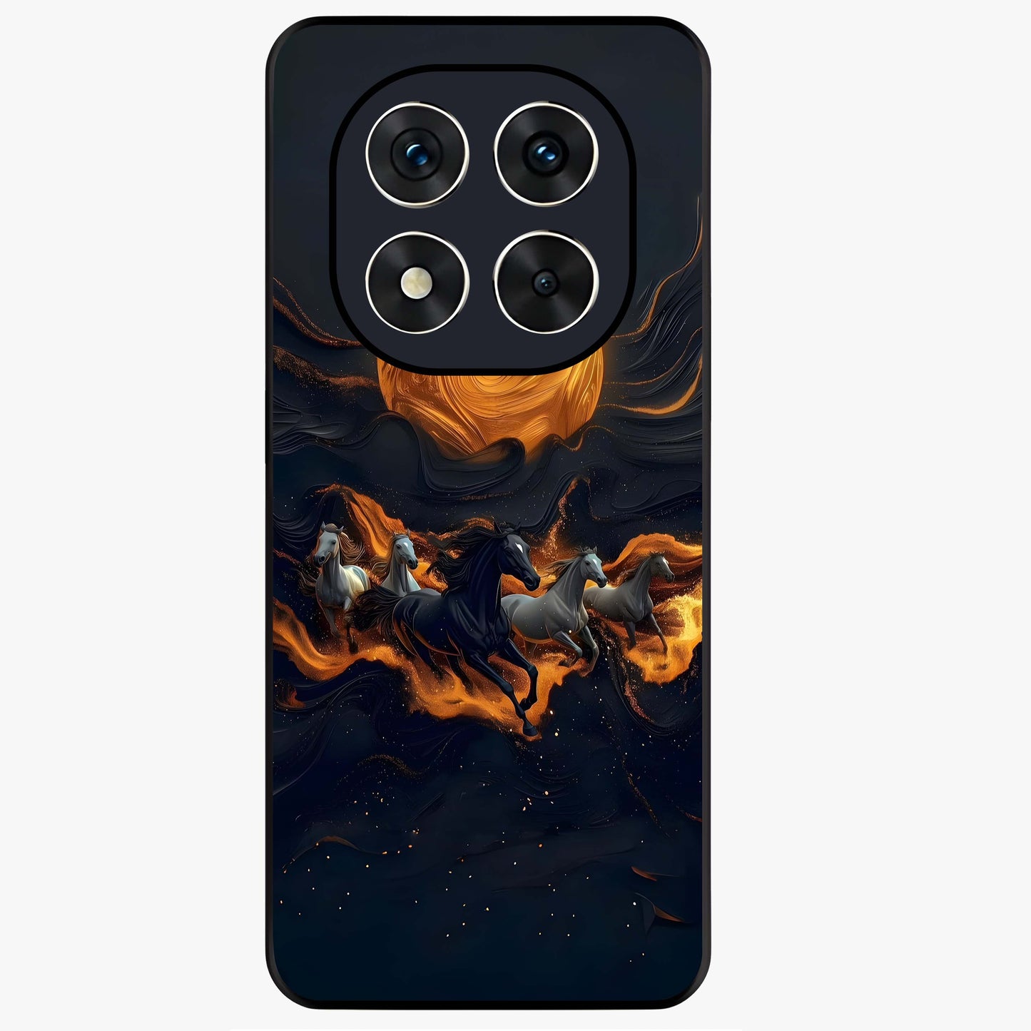 Golden Stallion Moonride Glass Case showing flat back view with majestic horse under moonlight artwork and glossy glass finish.