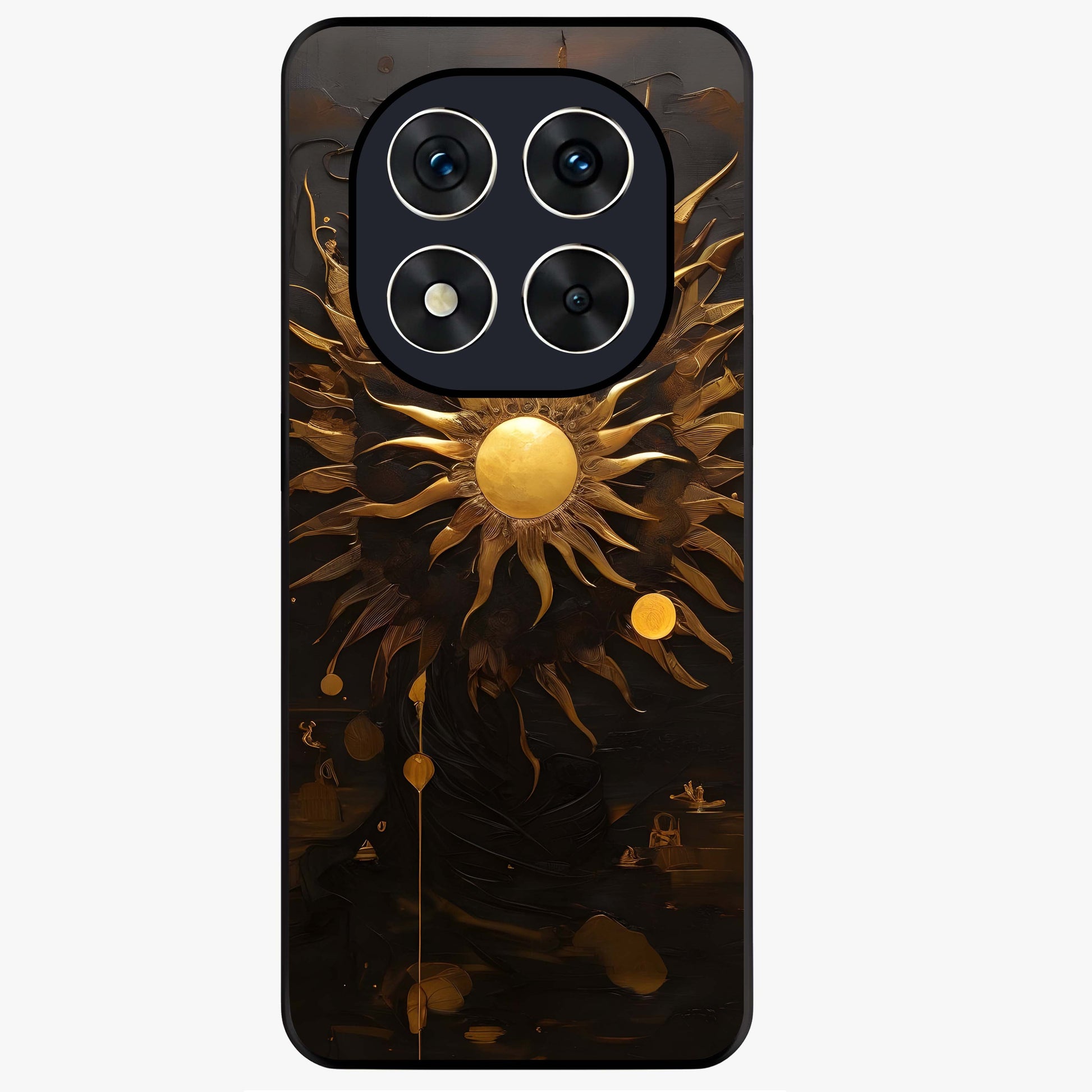 Golden Sun Majesty Glass Case showing flat back view with radiant golden sun artwork and glossy glass finish.