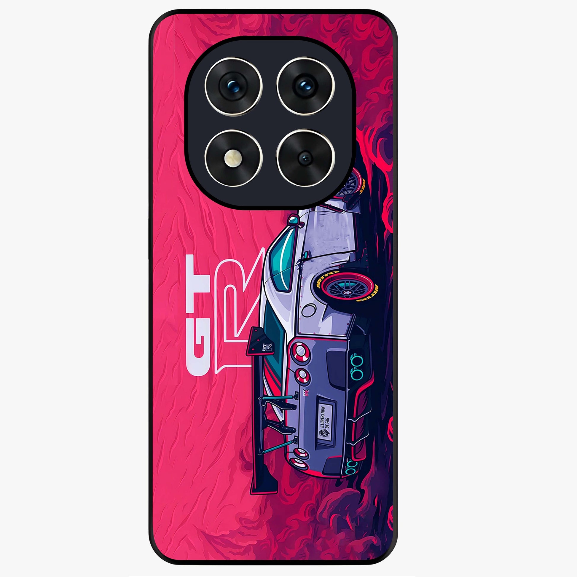 GT-R Car Pattern Glass Case showing flat back view with sporty car inspired pattern artwork and glossy glass finish.