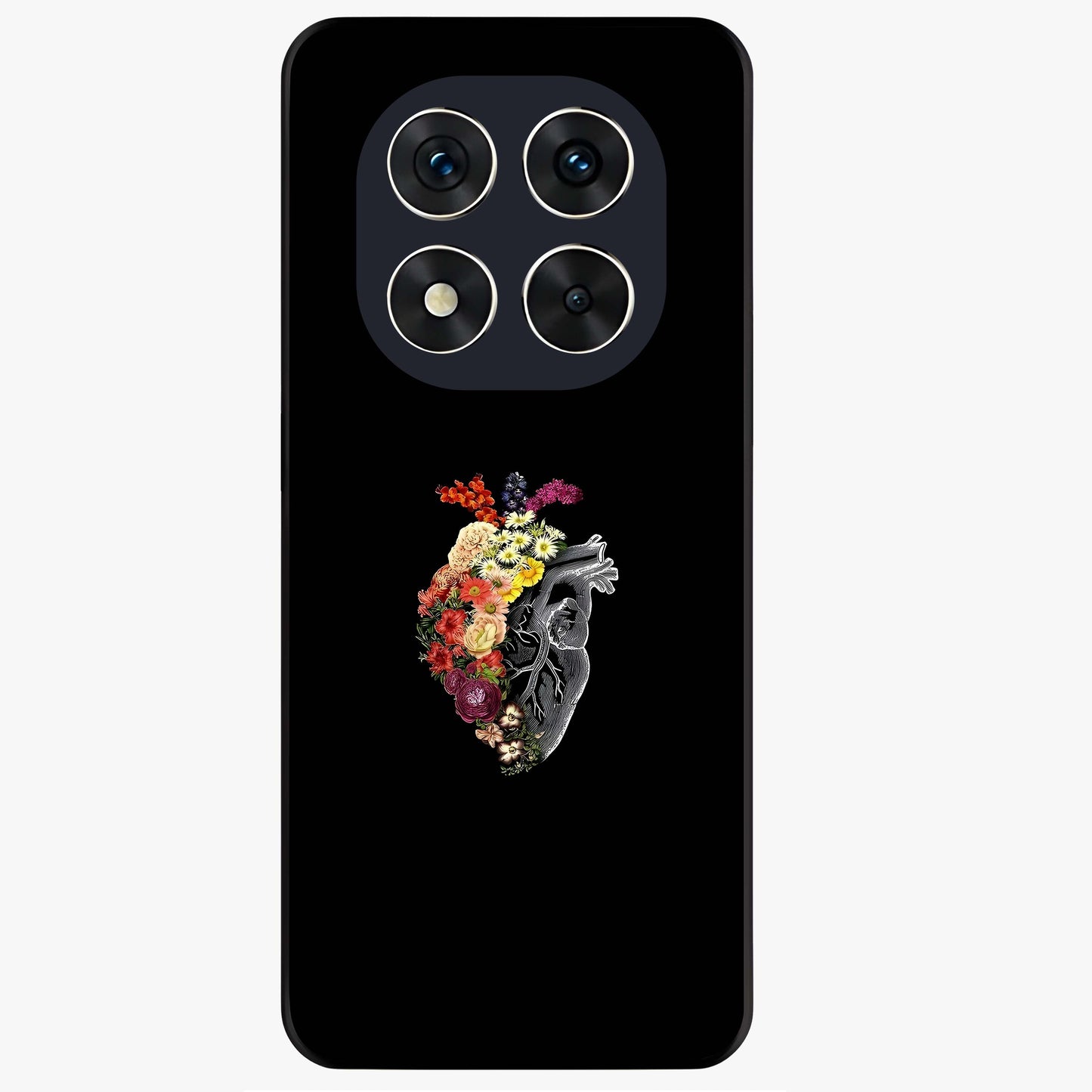 Heart With Flowers Glass Case showing flat back view with heart shaped floral artwork and glossy glass finish.