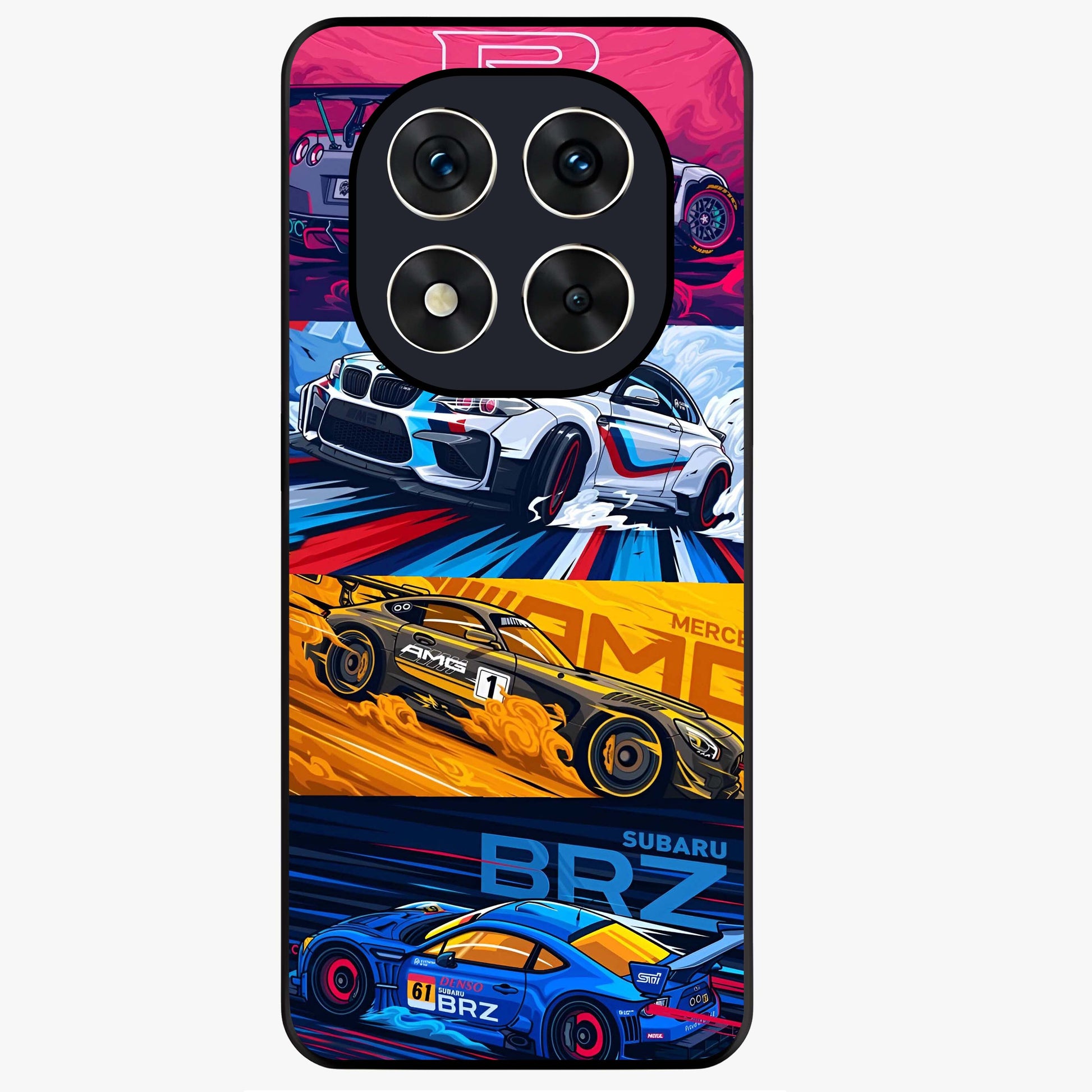 JDM Sports Car Glass Case showing flat back view with high performance sports car artwork and glossy glass finish.