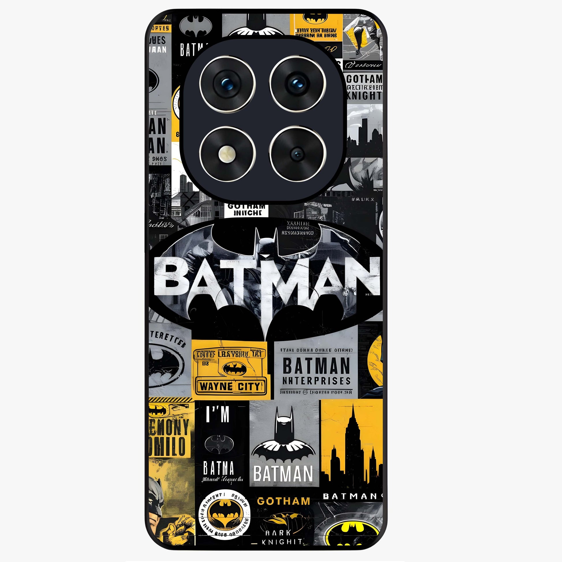 Knight Gotham Rise Glass Case showing flat back view with dark hero inspired artwork and glossy glass finish.