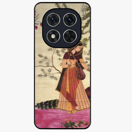 Lady With Veena Art Glass Case showing flat back view with elegant woman playing veena artwork and glossy glass finish.