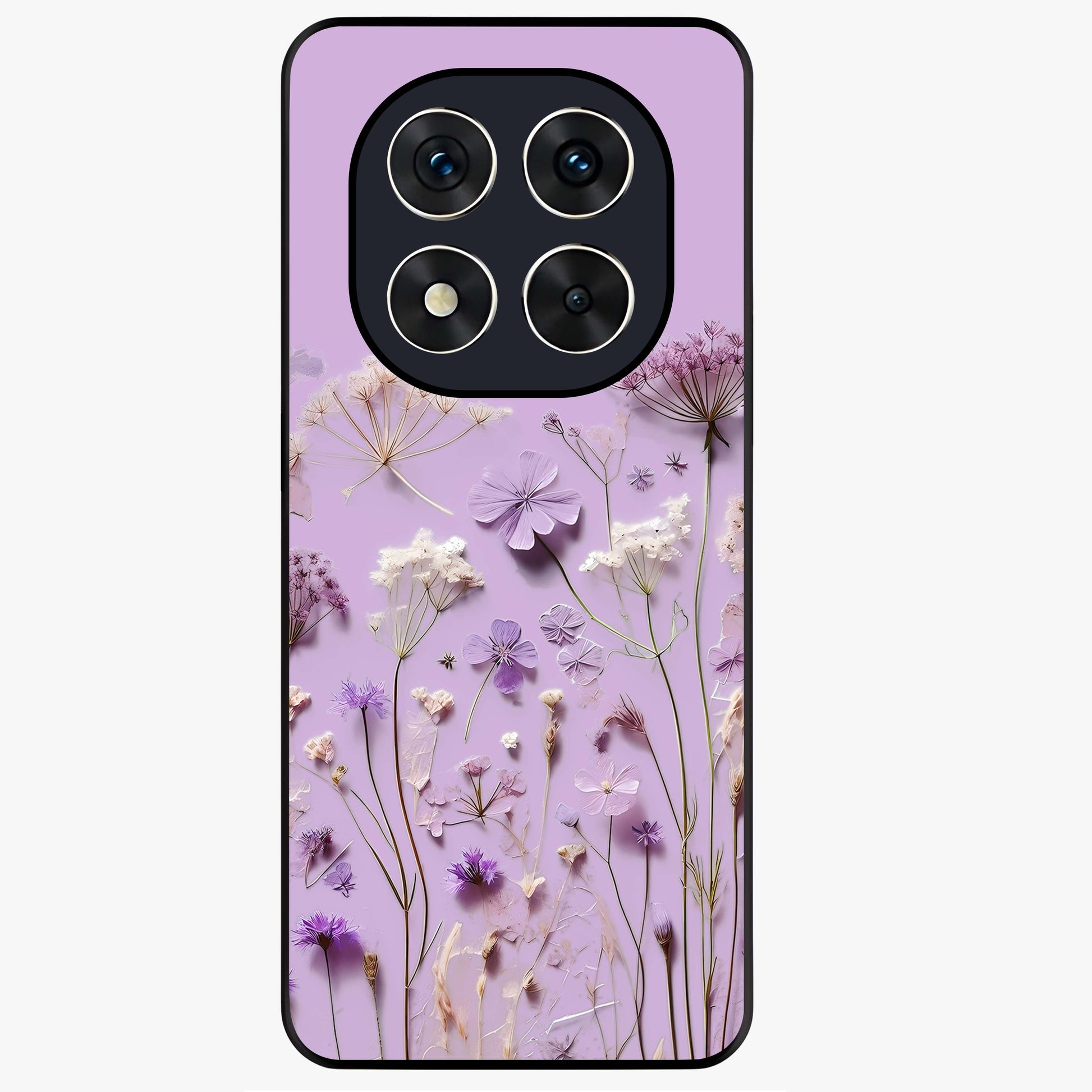Lavender Blossom Dream Glass Case showing flat back view with soft lavender floral artwork and glossy glass finish.