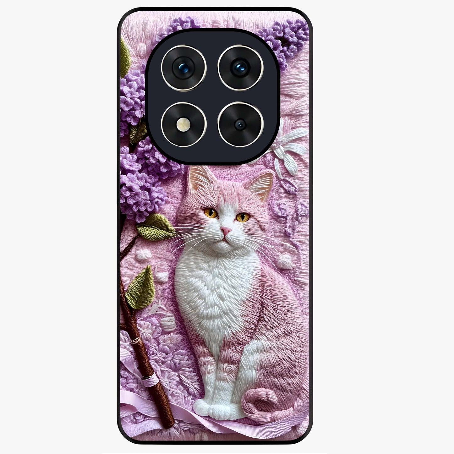 Lavender Cat Whimsy Glass Case showing flat back view with cute lavender cat artwork and glossy glass finish.