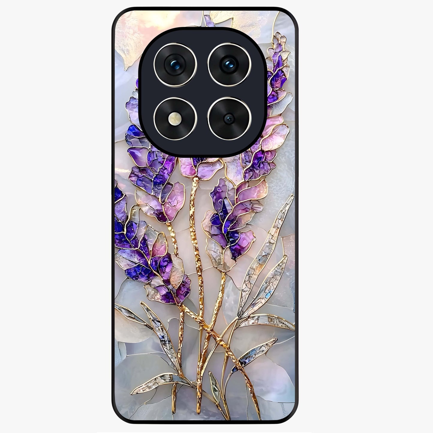 Lavender Dream Glow Glass Case showing flat back view with glowing lavender aesthetic artwork and glossy glass finish.