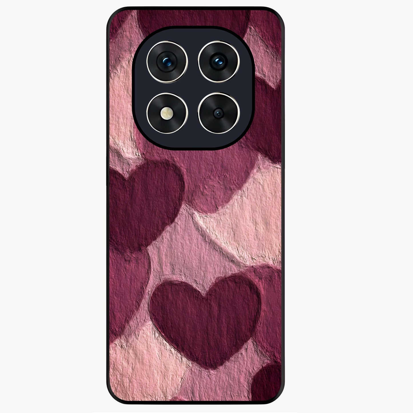 Layered Paper Hearts Glass Case showing flat back view with layered paper heart artwork and glossy glass finish.