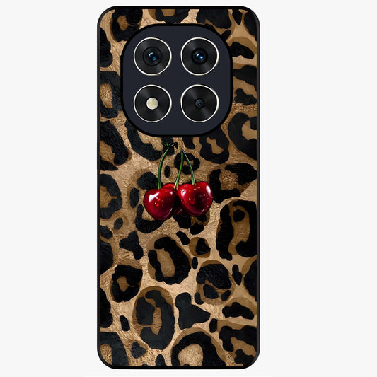 Leopard Wild Cherry Glass Case showing flat back view with leopard pattern and cherry artwork and glossy glass finish.
